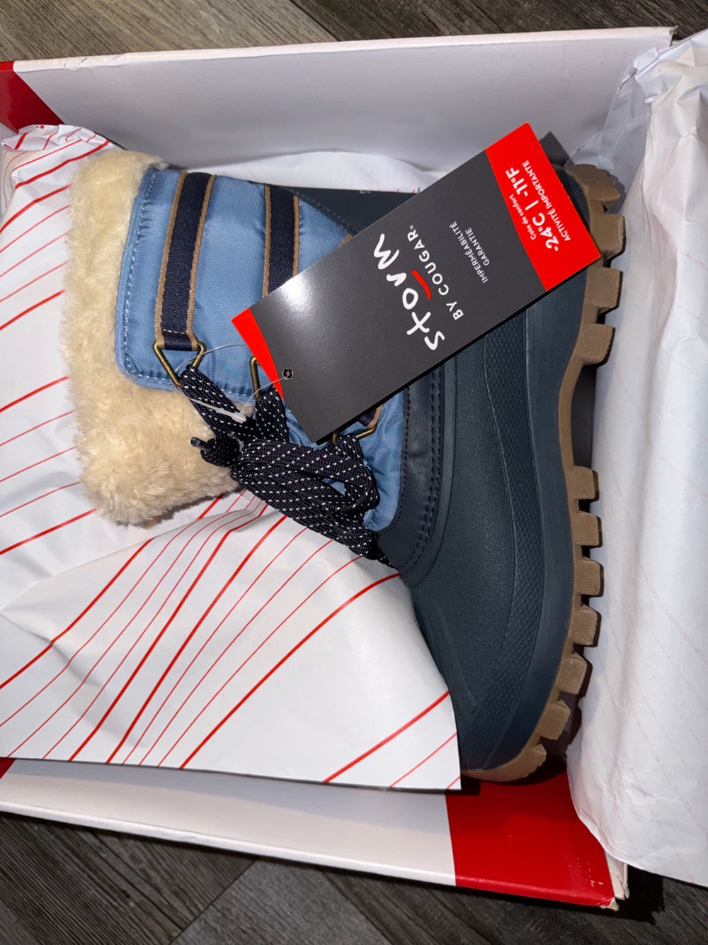 Cougar Women's Winter Boot in Blue, Black and Tan with Cream Fur
